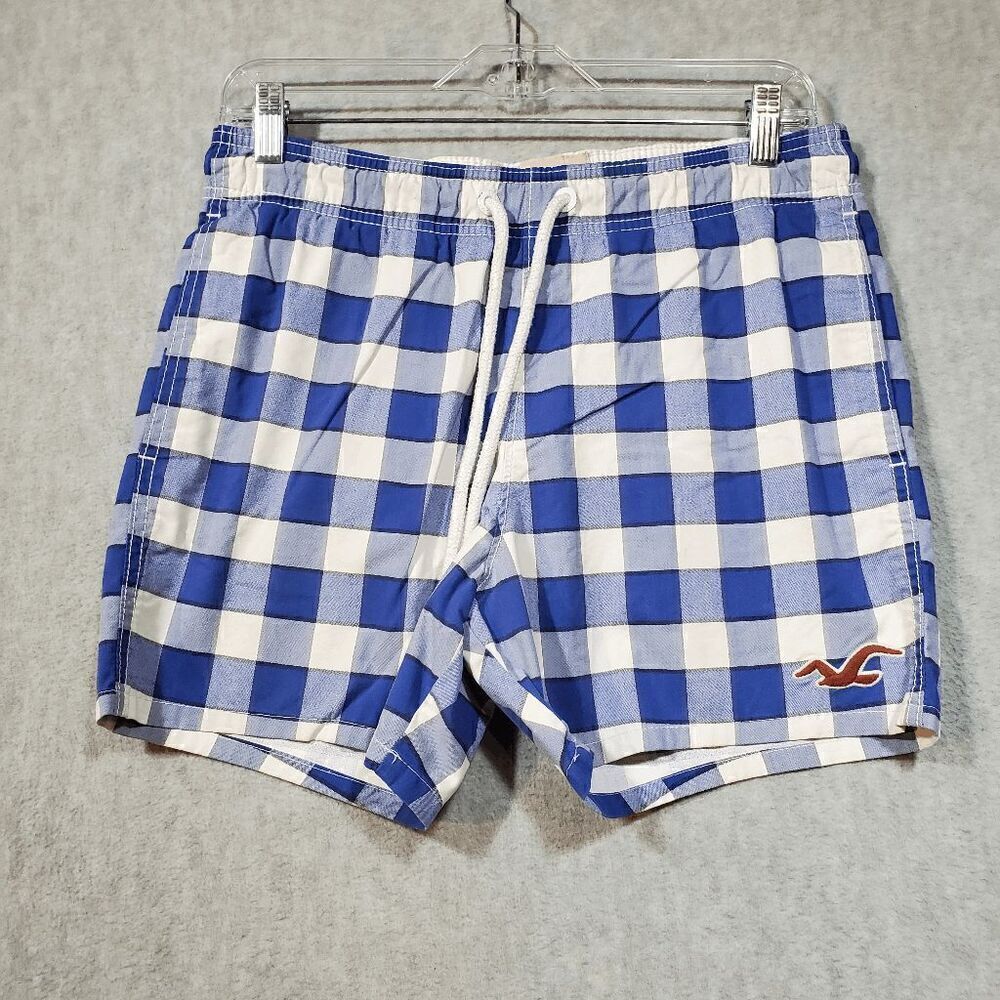 Hollister Shorts Mens Small Blue Check Bermuda Logo High Waist Drawstring